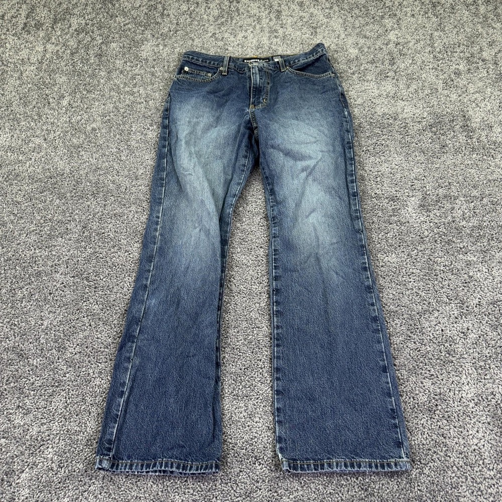 Express Jeans Womens 7/8 R Blue Mid Rise Bootcut Medium Wash Denim Distressed